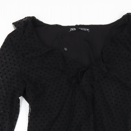Zara Womens Black Polyester A-Line Size M V-Neck Zip