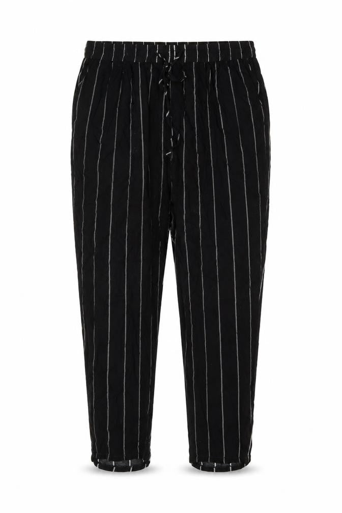 Front view of PRETTYLITTLETHING women’s black striped viscose trousers, size XL, 25-inch leg regular drawstring