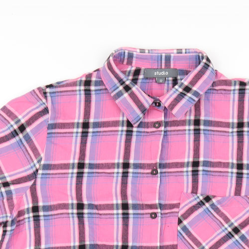 Studio Womens Pink Plaid Cotton Basic Button-Up Size 12 Collared