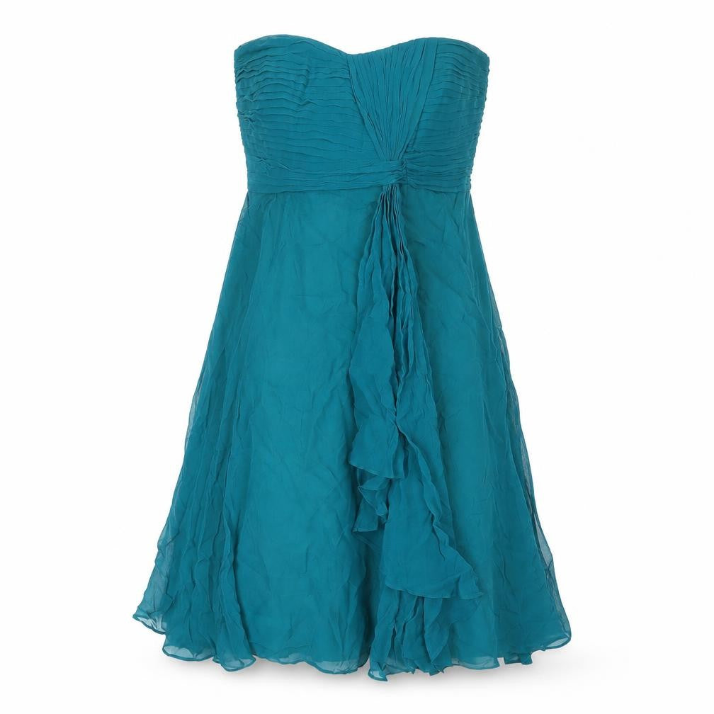 Front view of Coast women’s green silk a-line, size UK 12, sweetheart zip