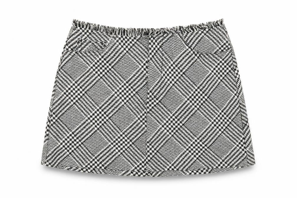 Front view of Zara women’s black plaid polyester mini skirt, size M, zip