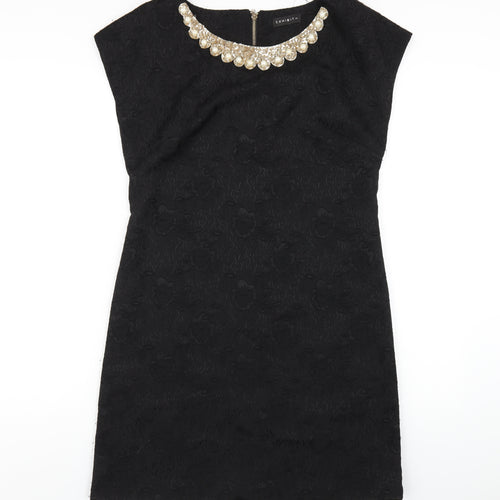 Exhibit Womens Black Polyester A-Line Size 14 Scoop Neck Zip - Beaded Neckline
