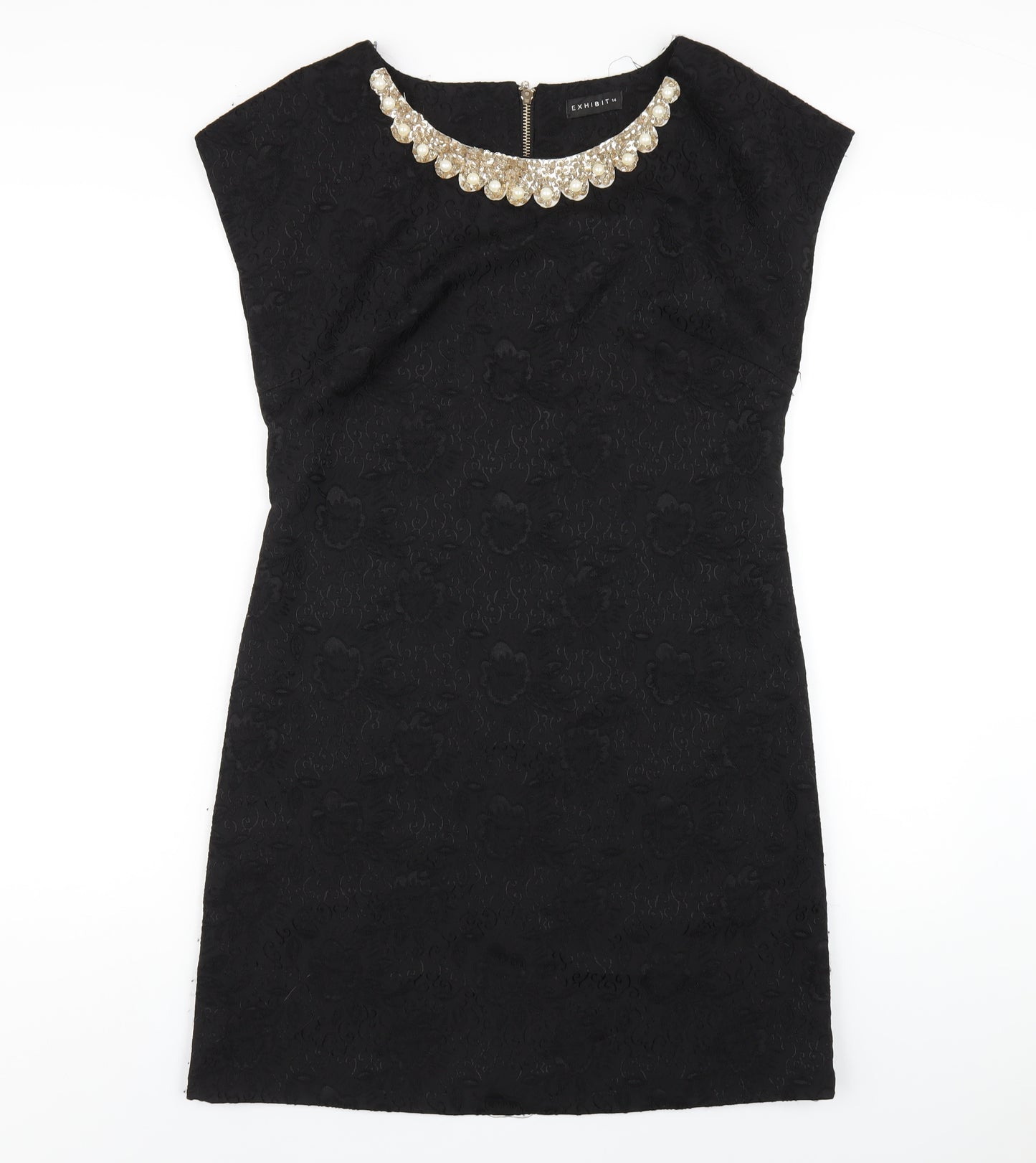 Exhibit Womens Black Polyester A-Line Size 14 Scoop Neck Zip - Beaded Neckline