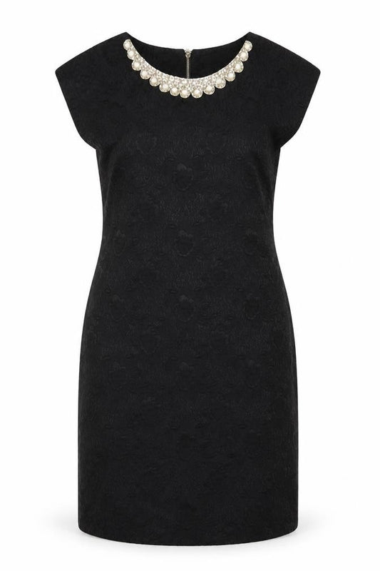 Front view of Exhibit women’s black polyester a-line, size UK 14, scoop neck zip - beaded neckline