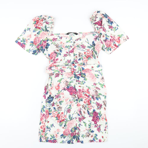 Zara Womens Multicoloured Floral Viscose Bodycon Size L Square Neck Zip