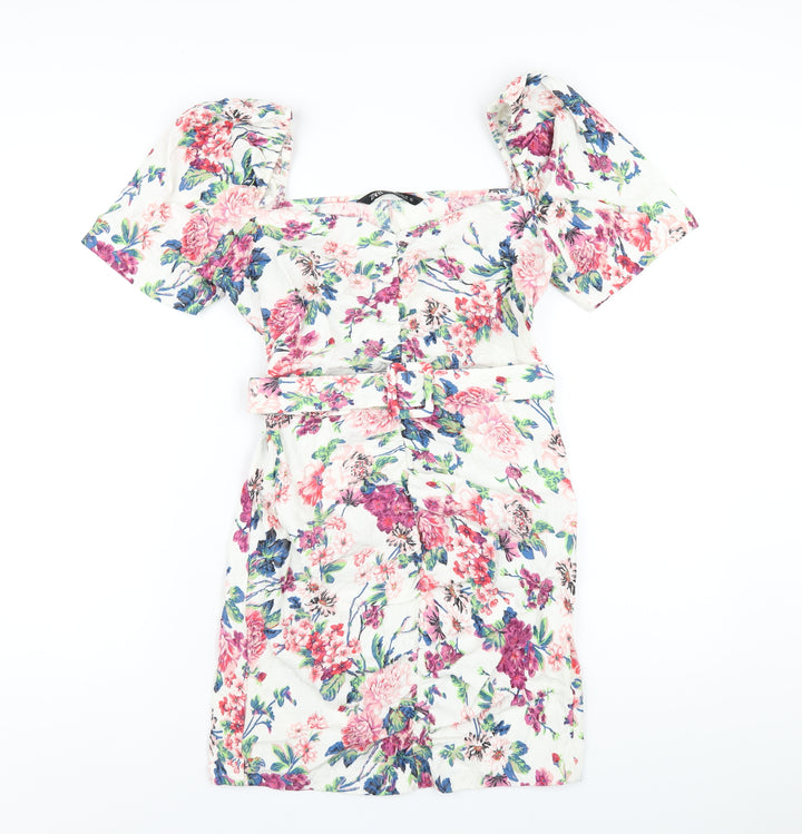 Zara Womens Multicoloured Floral Viscose Bodycon Size L Square Neck Zip