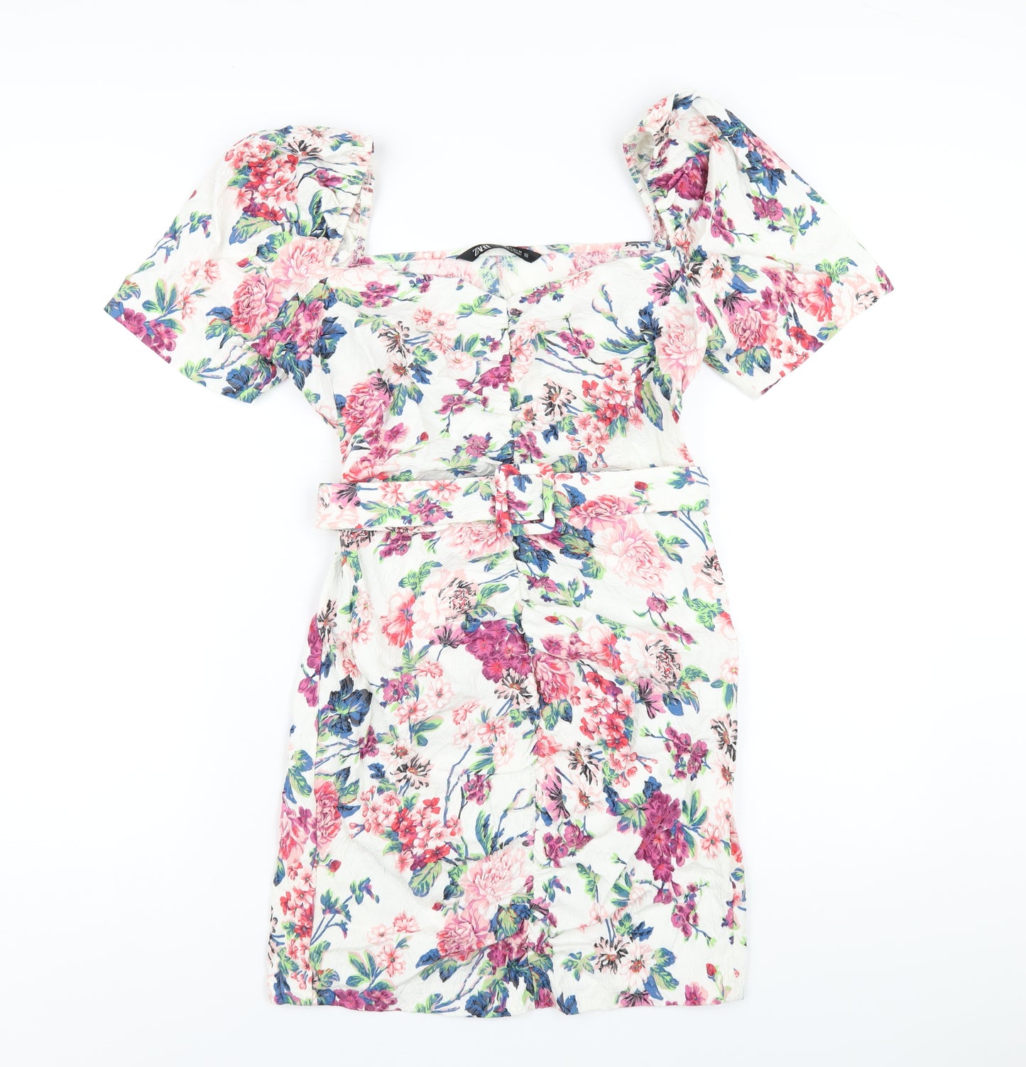 Zara Womens Multicoloured Floral Viscose Bodycon Size L Square Neck Zip