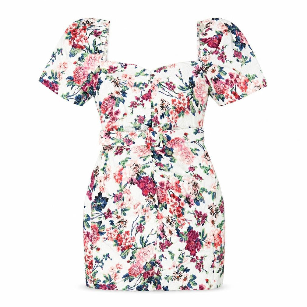 Front view of Zara women’s multicoloured floral viscose bodycon, size L, square neck zip