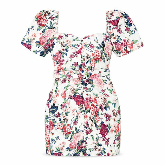 Front view of Zara women’s multicoloured floral viscose bodycon, size L, square neck zip