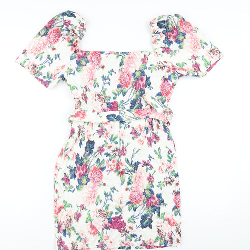 Zara Womens Multicoloured Floral Viscose Bodycon Size L Square Neck Zip