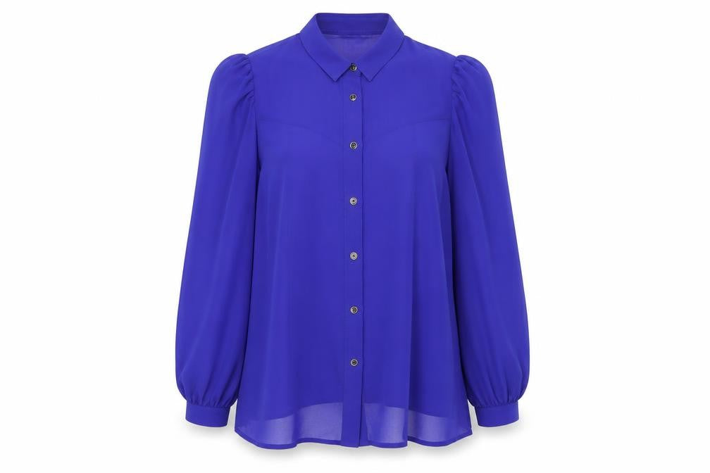 Front view of Monsoon women’s blue polyester basic button-up, size UK 8, collared