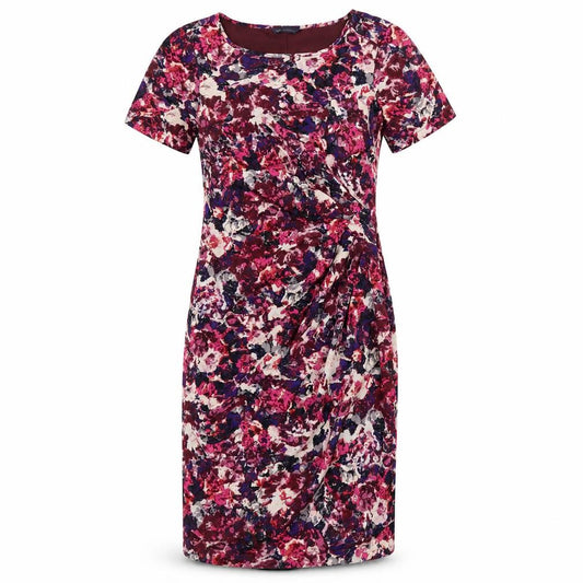 Front view of Marks & Spencer women’s multicoloured geometric polyester bodycon, size UK 8, round neck zip