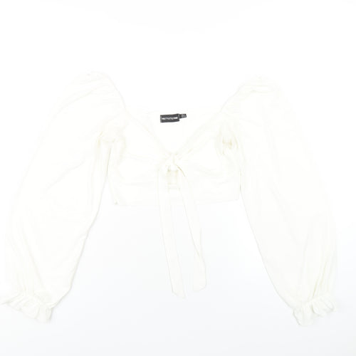 PRETTYLITTLETHING Womens White Polyester Cropped T-Shirt Size 6 Square Neck