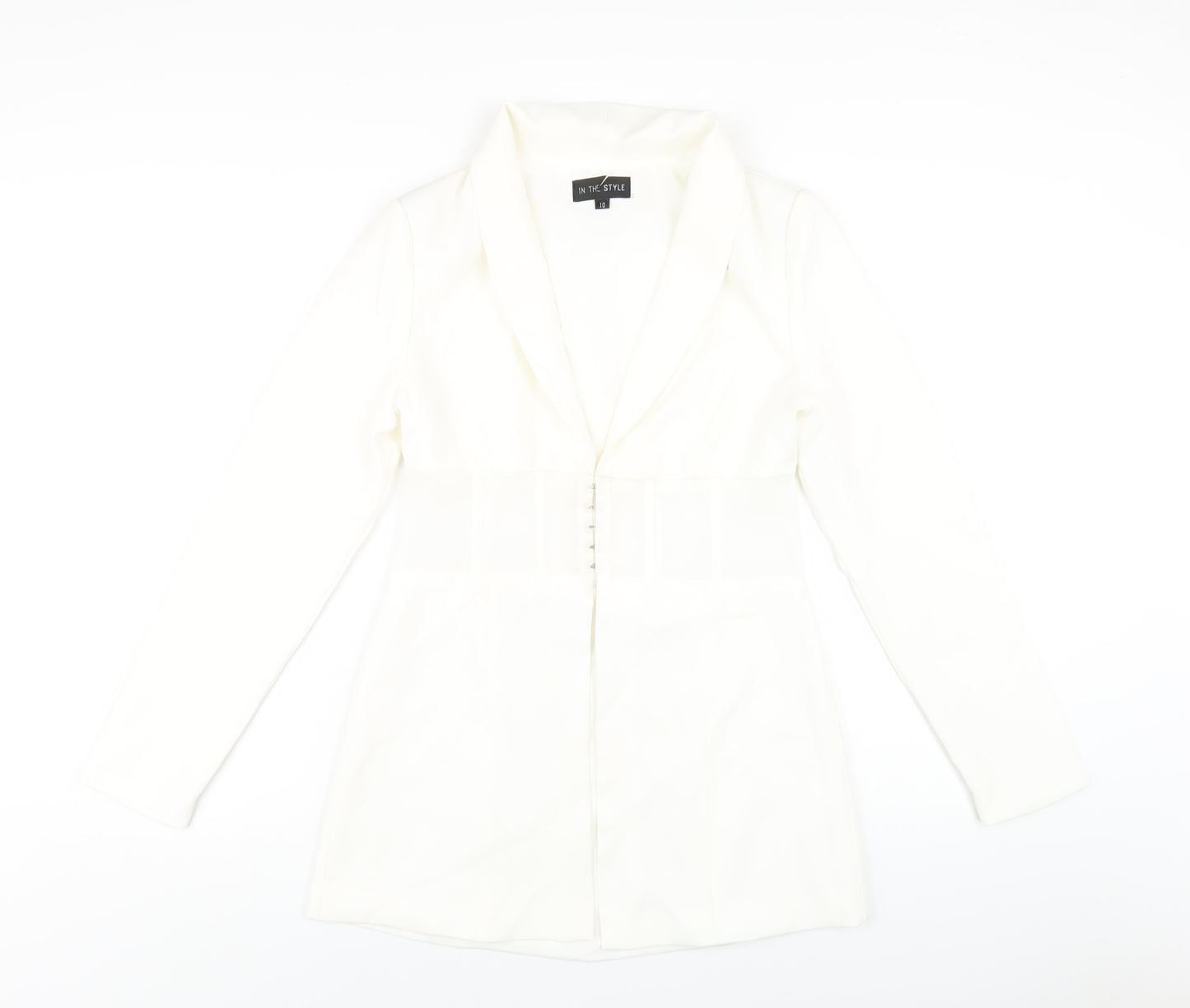 In the Style Womens White Polyester Jacket Dress Size 10 Collared Hook & Eye