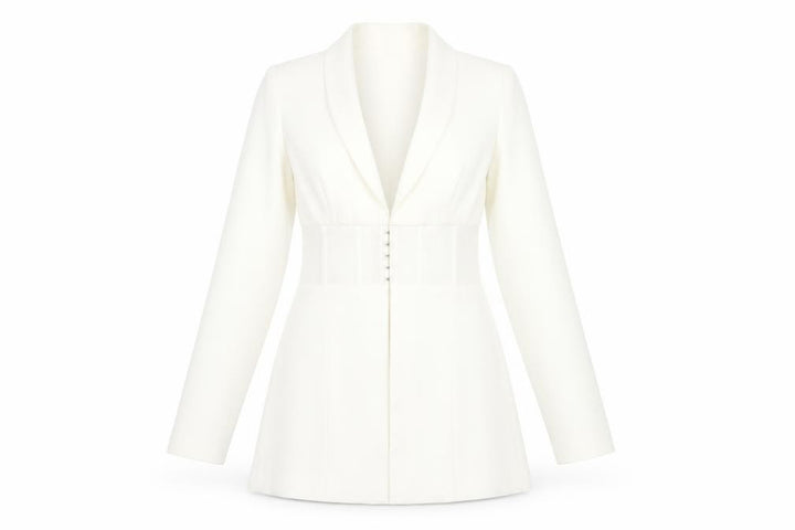 Front view of In the Style women’s white polyester jacket dress, size UK 10, collared hook & eye