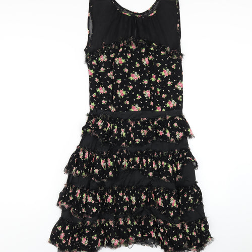 Topshop Womens Black Floral Viscose A-Line Size 10 Round Neck Zip