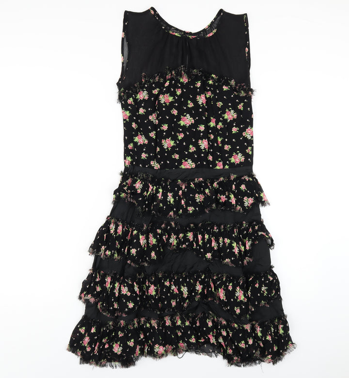 Topshop Womens Black Floral Viscose A-Line Size 10 Round Neck Zip
