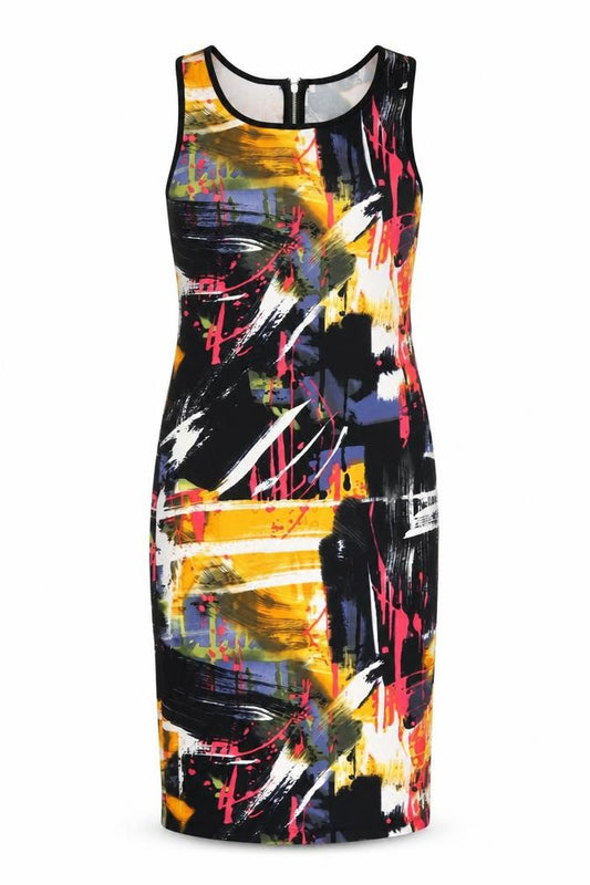 Front view of H&M women’s multicoloured geometric polyester bodycon, size S, round neck zip