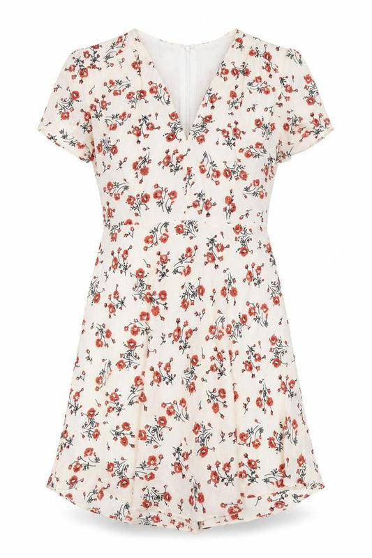 Front view of Glamorous women’s ivory floral polyester a-line, size S, v-neck zip