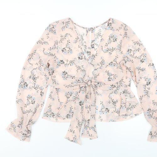 Miss Selfridge Womens Pink Floral Polyester Basic Blouse Size 6 V-Neck
