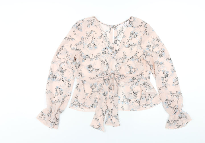 Miss Selfridge Womens Pink Floral Polyester Basic Blouse Size 6 V-Neck