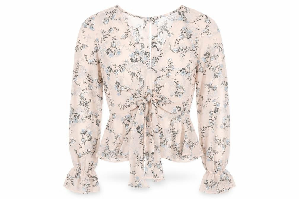 Front view of Miss Selfridge women’s pink floral polyester basic blouse, size UK 6, v-neck