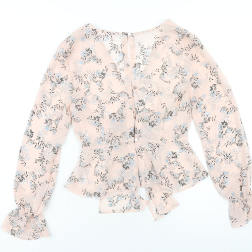 Miss Selfridge Womens Pink Floral Polyester Basic Blouse Size 6 V-Neck
