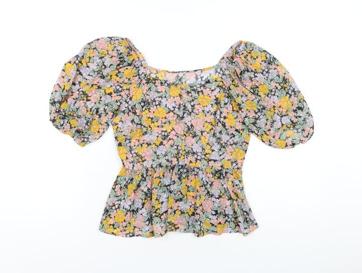 New Look Womens Multicoloured Floral Polyester Cropped T-Shirt Size 6 V-Neck