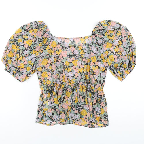 New Look Womens Multicoloured Floral Polyester Cropped T-Shirt Size 6 V-Neck