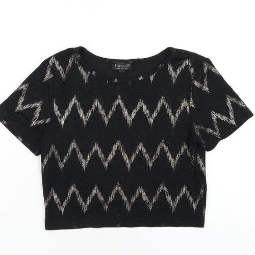 Topshop Womens Black Geometric Polyester Cropped T-Shirt Size 10 Round Neck