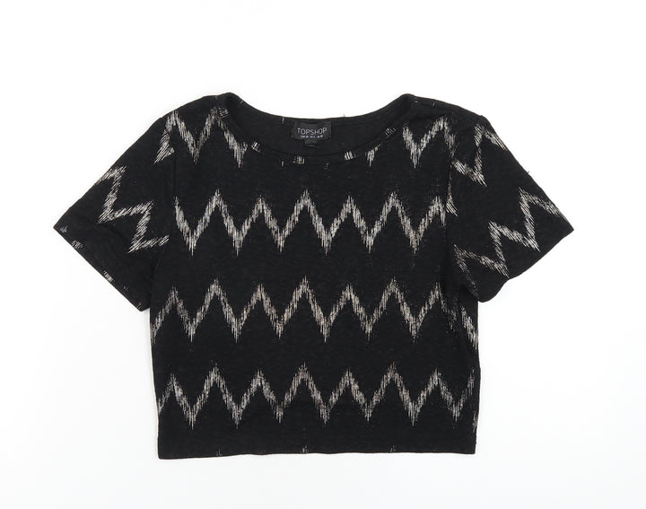 Topshop Womens Black Geometric Polyester Cropped T-Shirt Size 10 Round Neck