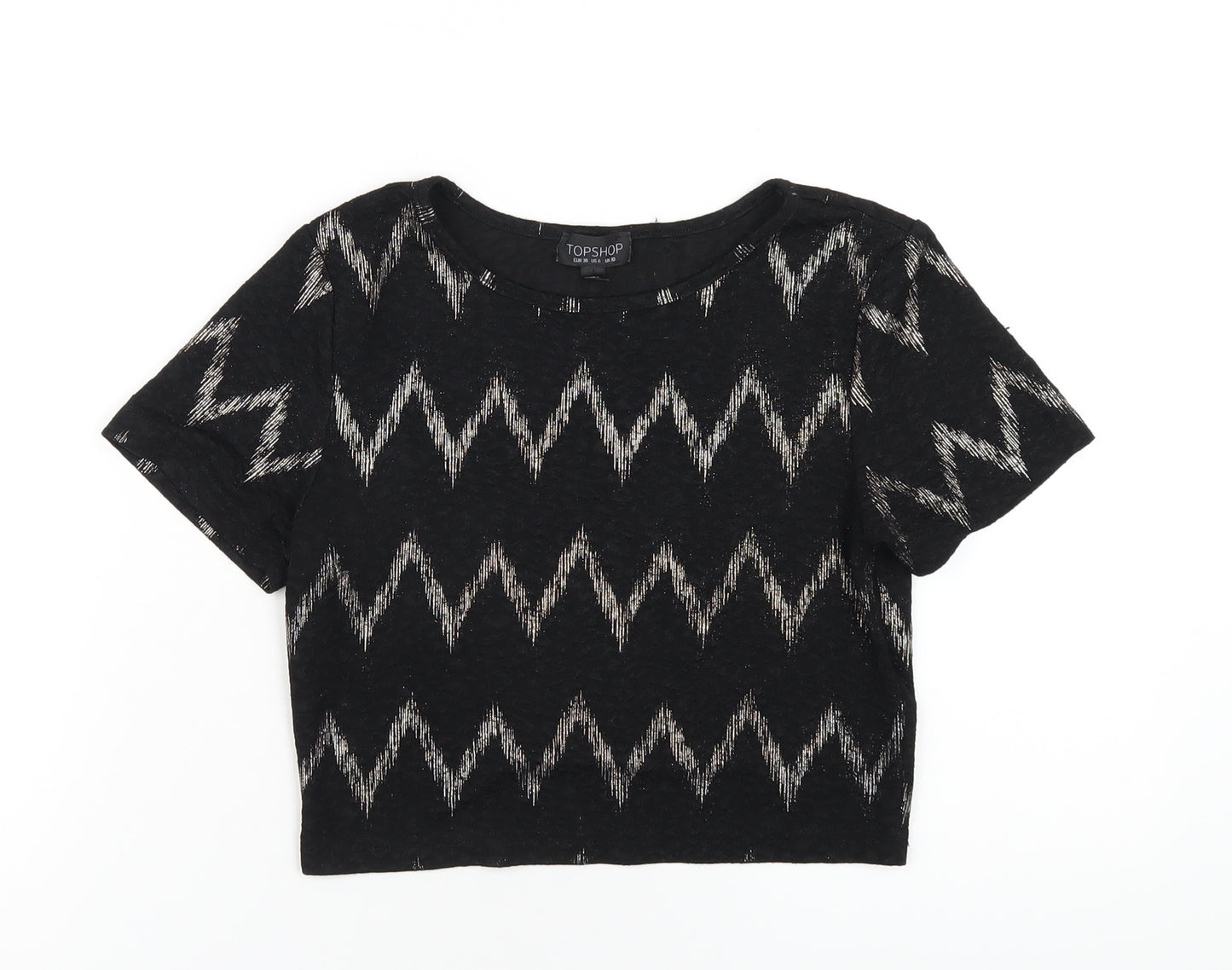 Topshop Womens Black Geometric Polyester Cropped T-Shirt Size 10 Round Neck