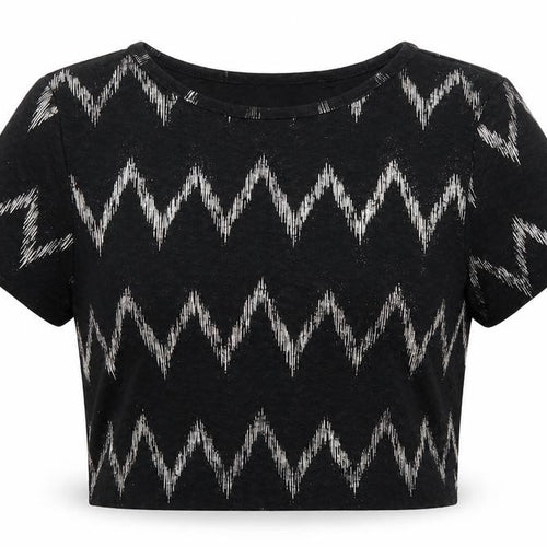 Topshop Womens Black Geometric Polyester Cropped T-Shirt Size 10 Round Neck