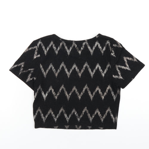 Topshop Womens Black Geometric Polyester Cropped T-Shirt Size 10 Round Neck
