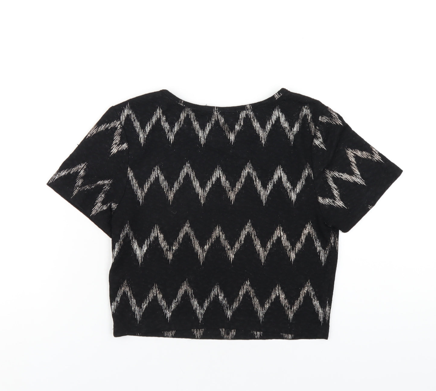 Topshop Womens Black Geometric Polyester Cropped T-Shirt Size 10 Round Neck