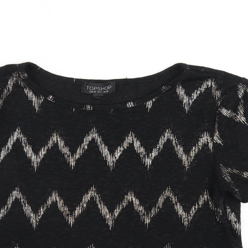 Topshop Womens Black Geometric Polyester Cropped T-Shirt Size 10 Round Neck