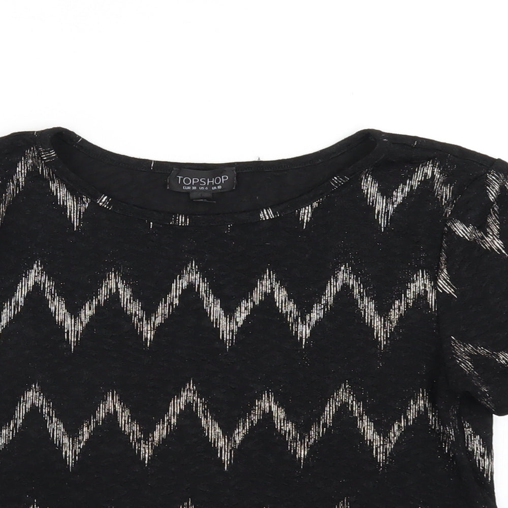 Topshop Womens Black Geometric Polyester Cropped T-Shirt Size 10 Round Neck