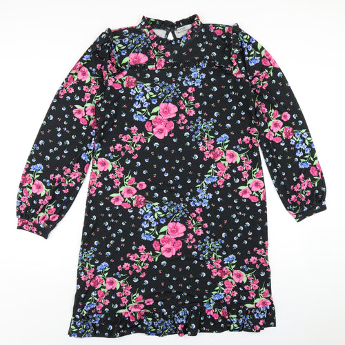 Oasis Womens Black Floral Polyester A-Line Size M Round Neck Button