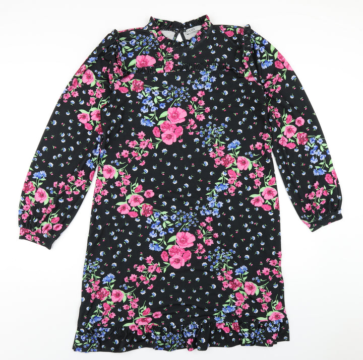 Oasis Womens Black Floral Polyester A-Line Size M Round Neck Button