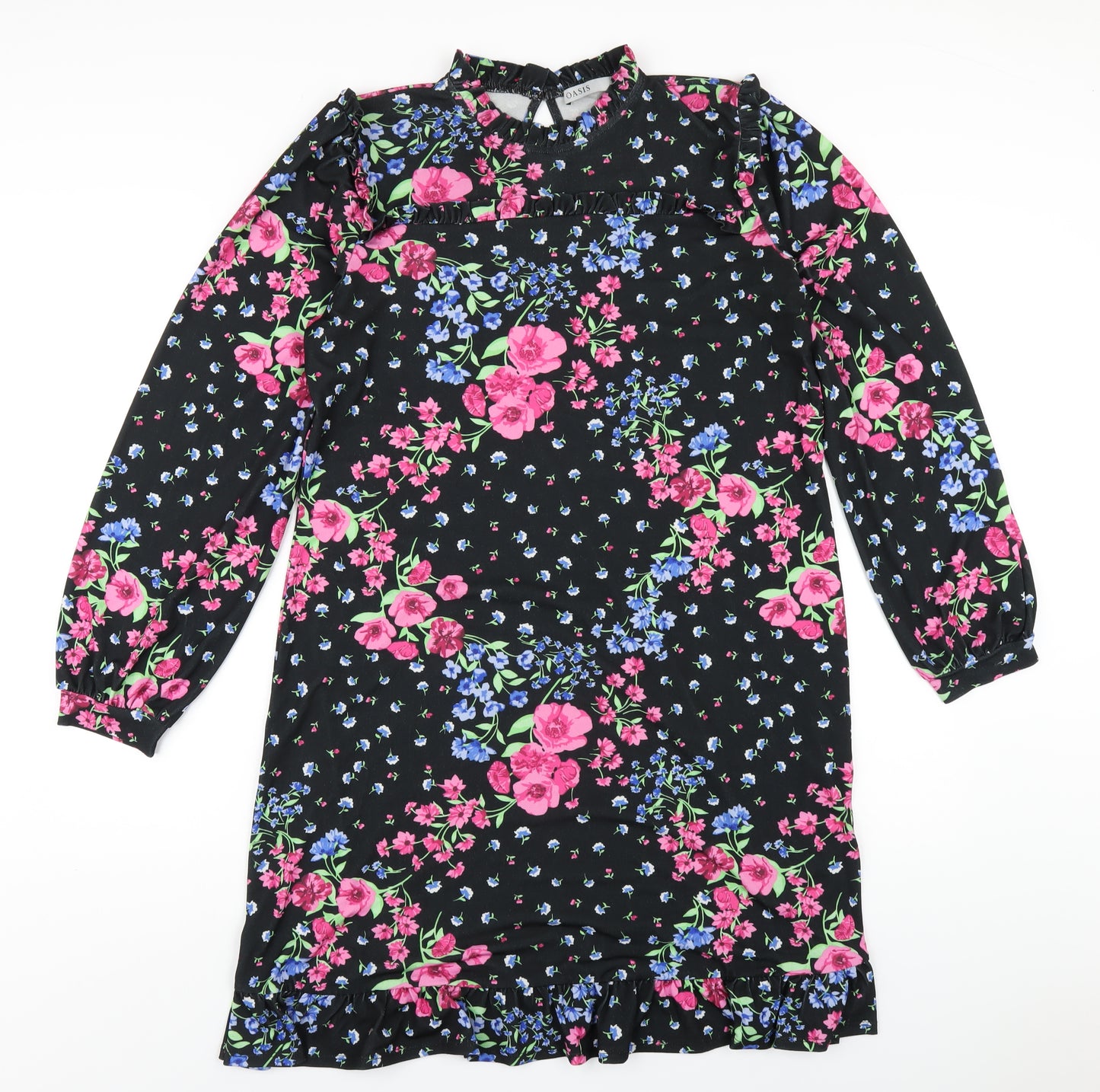 Oasis Womens Black Floral Polyester A-Line Size M Round Neck Button