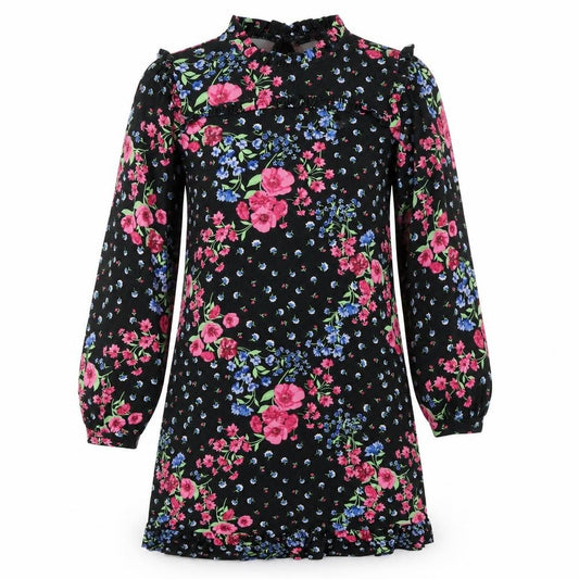 Front view of Oasis women’s black floral polyester a-line, size M, round neck button