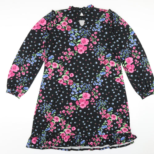 Oasis Womens Black Floral Polyester A-Line Size M Round Neck Button