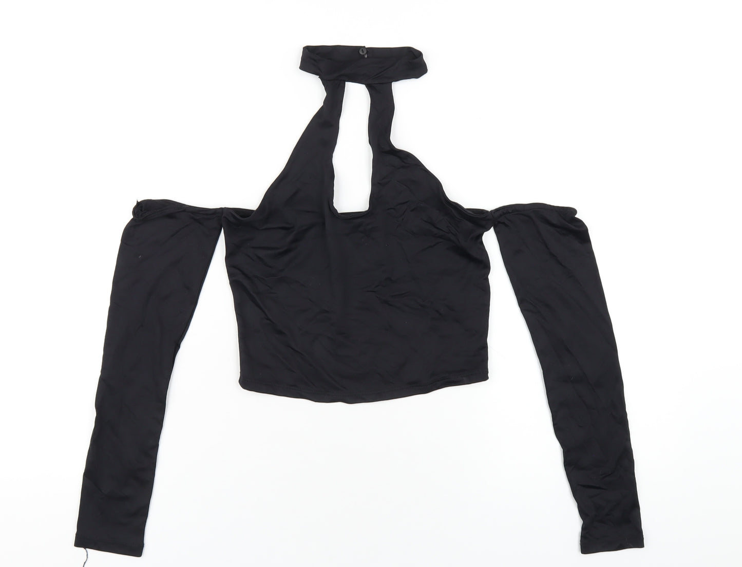 Bershka Womens Black Polyester Cropped T-Shirt Size S Round Neck
