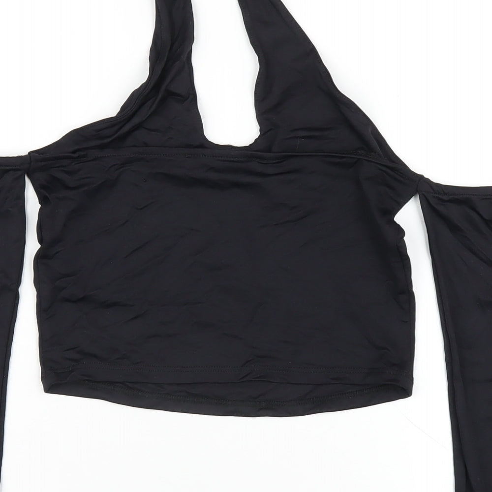 Bershka Womens Black Polyester Cropped T-Shirt Size S Round Neck