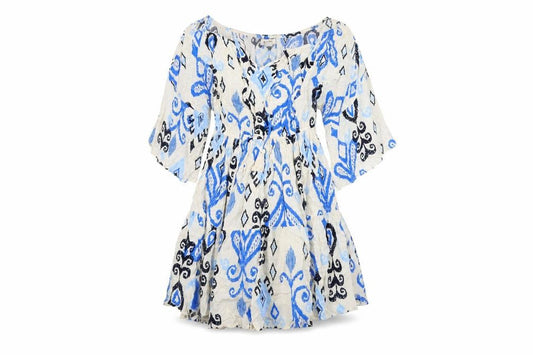 Front view of Oasis women’s multicoloured geometric viscose a-line, size UK 6, v-neck pullover
