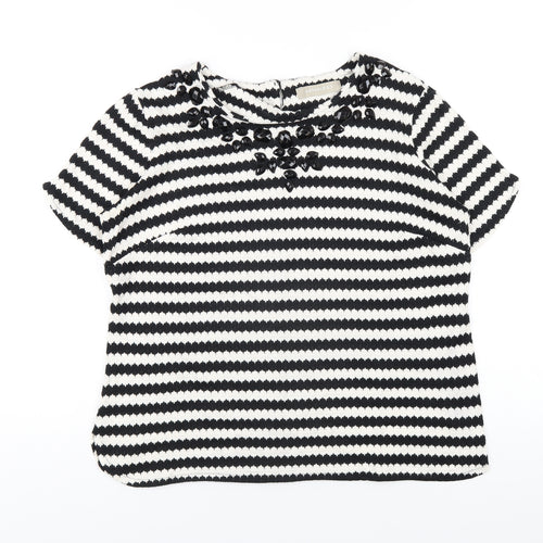 Anthology Womens Black Striped Cotton Basic T-Shirt Size 14 Round Neck - Beaded Neckline