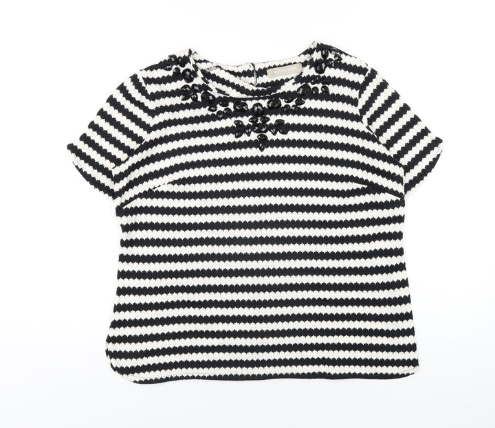 Anthology Womens Black Striped Cotton Basic T-Shirt Size 14 Round Neck - Beaded Neckline