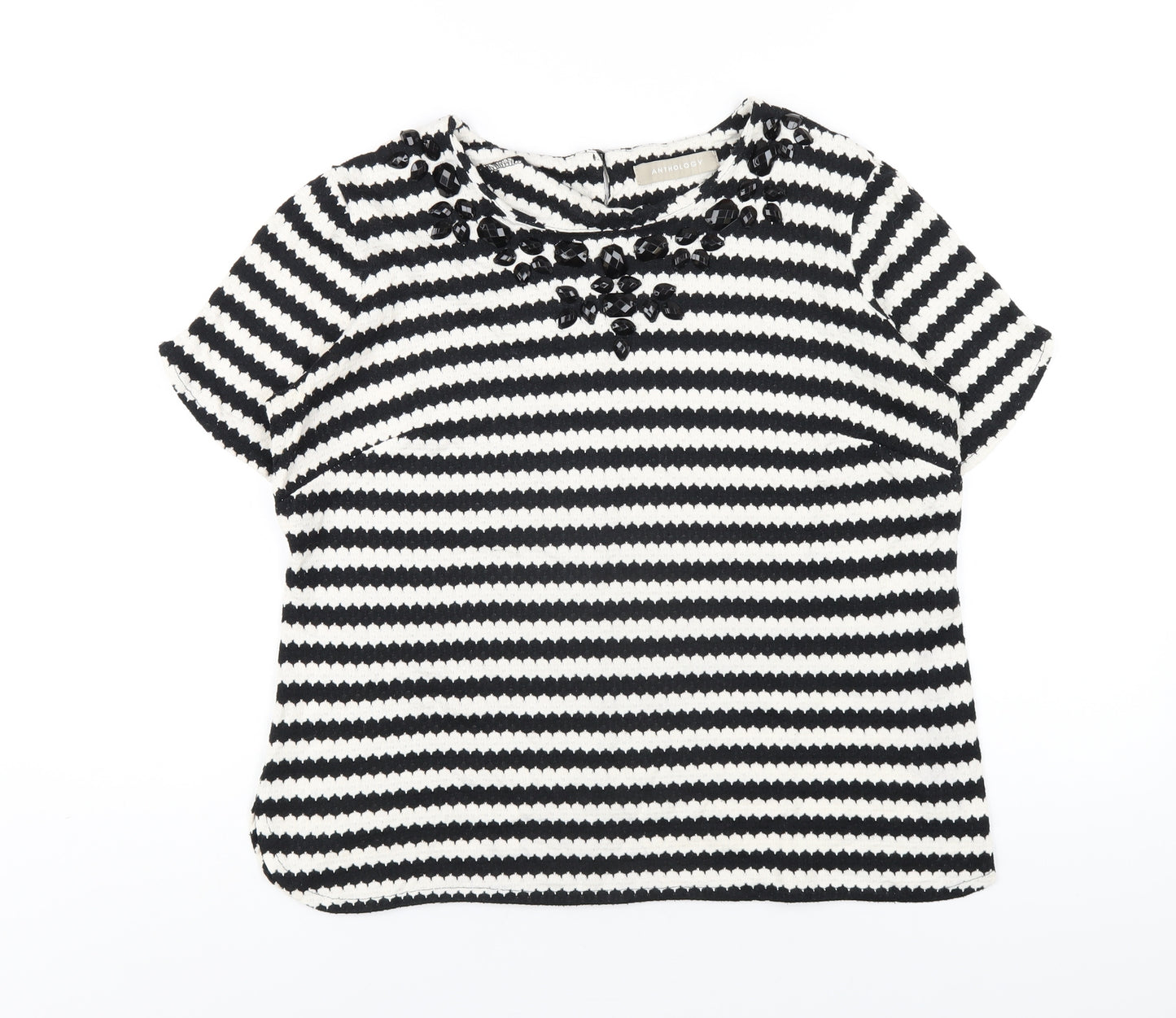 Anthology Womens Black Striped Cotton Basic T-Shirt Size 14 Round Neck - Beaded Neckline