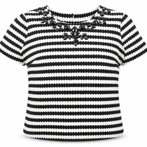 Anthology Womens Black Striped Cotton Basic T-Shirt Size 14 Round Neck - Beaded Neckline