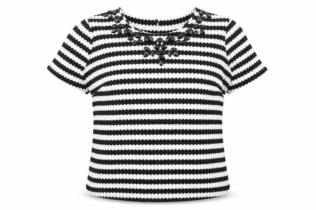 Anthology Womens Black Striped Cotton Basic T-Shirt Size 14 Round Neck - Beaded Neckline